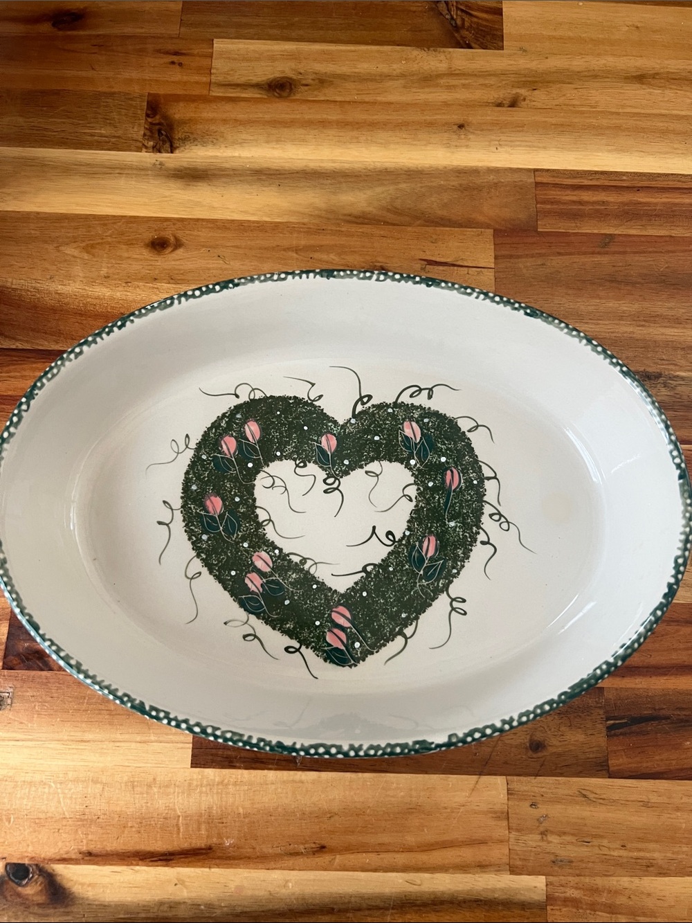 Folk Art Heart Stoneware Oval Baking Serving Dish 10.75”